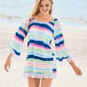 Lilly Pulitzer Gateway Coverup Off The Shoulder Cats Meow Stripe Fringe Hem S